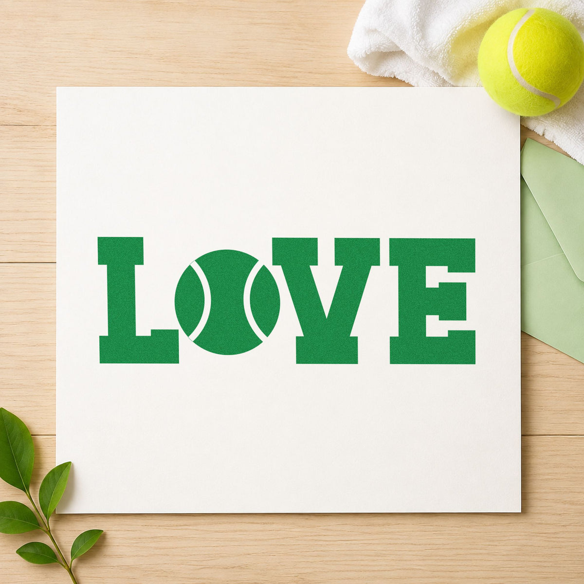 Love Tennis Ball Letter craft stamp imprint in green ink on a handmade project, one idea being partner draw cards.