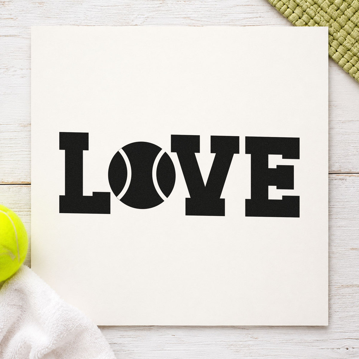 Love Tennis Ball Letter rubber stamp printed in black ink, ready for large ball cards and similar paper crafts.