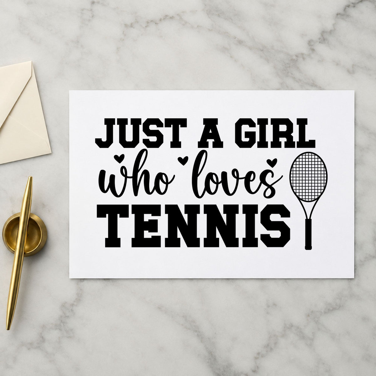 Girl Who Loves Tennis rubber stamp printed in black ink, ready for contact track sheet and similar paper crafts.