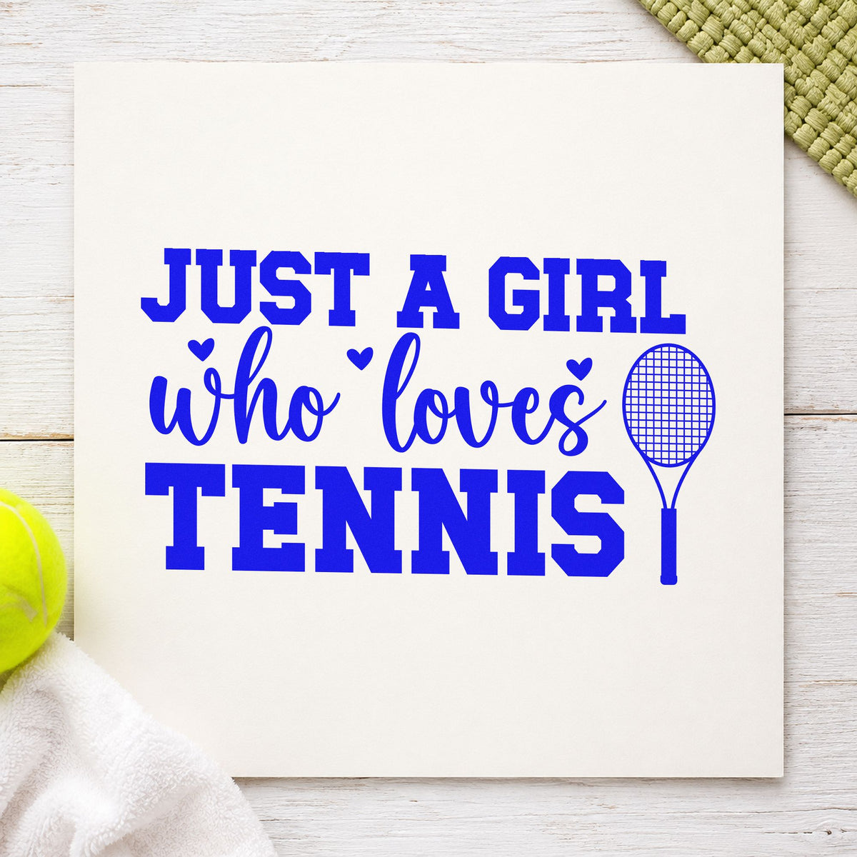 Girl Who Loves Tennis craft stamp in blue ink on cardstock, an easy option for folder sleeve printing.