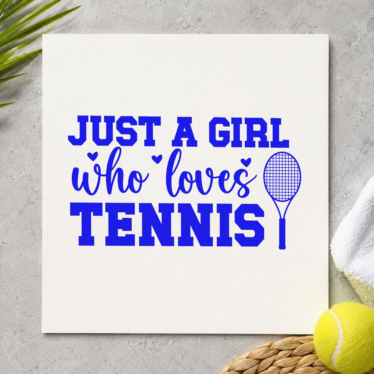 Girl Who Loves Tennis craft stamp imprinted in blue ink on paper, a design suited to framed bedroom desk.
