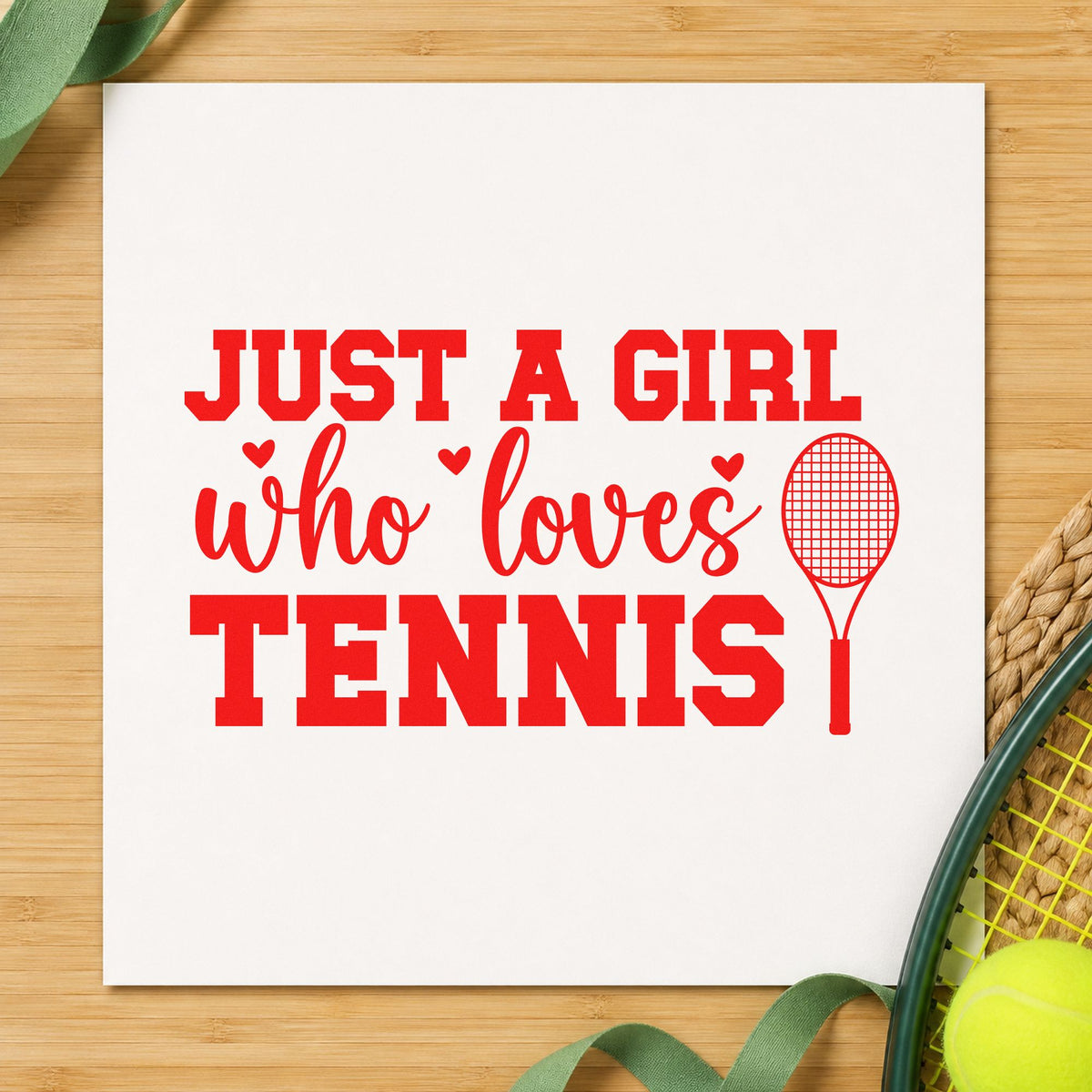 Girl Who Loves Tennis rubber stamp shown in red ink, stamped for projects such as drawer school labels.
