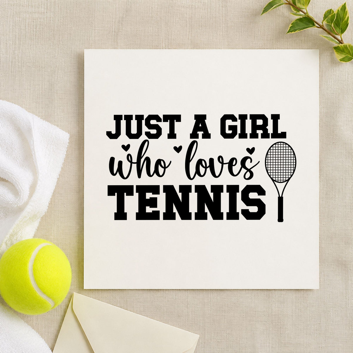 Girl Who Loves Tennis rubber stamp printed in black ink, ready for small heart cards and similar paper crafts.