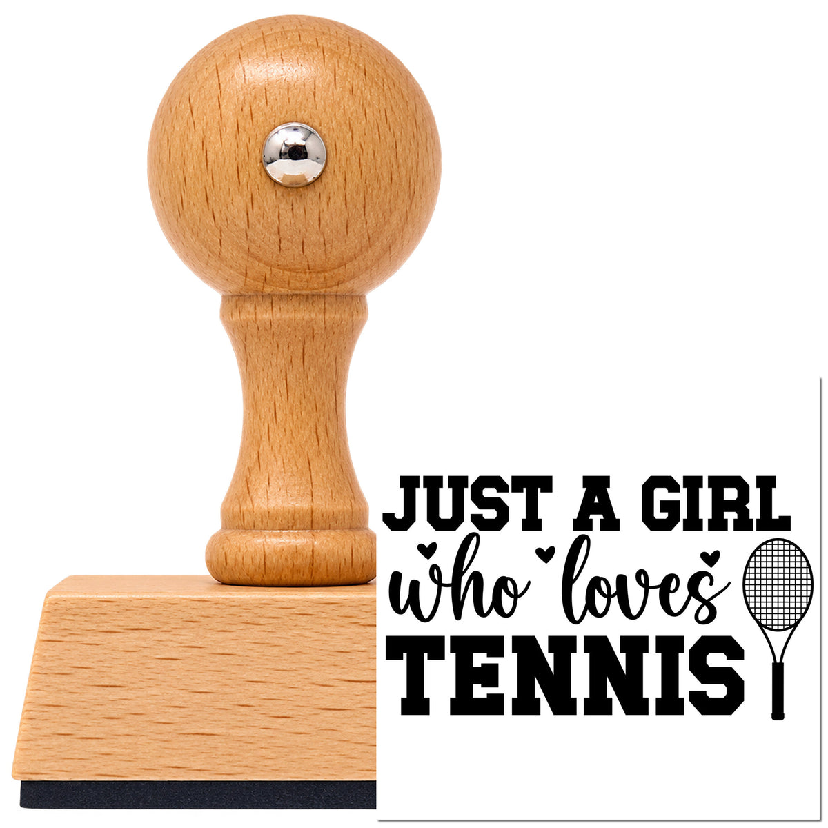 Girl Who Loves Tennis Vintage Pro rubber stamp in European beech wood with a round knob handle, shown beside its black imprint.