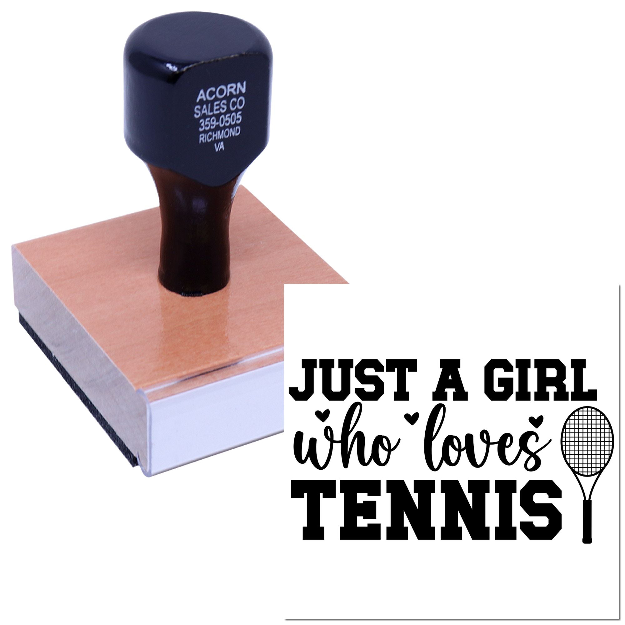 Custom tennis rubber stamp showing Just a girl who loves tennis design with racket icon for personalized crafts.