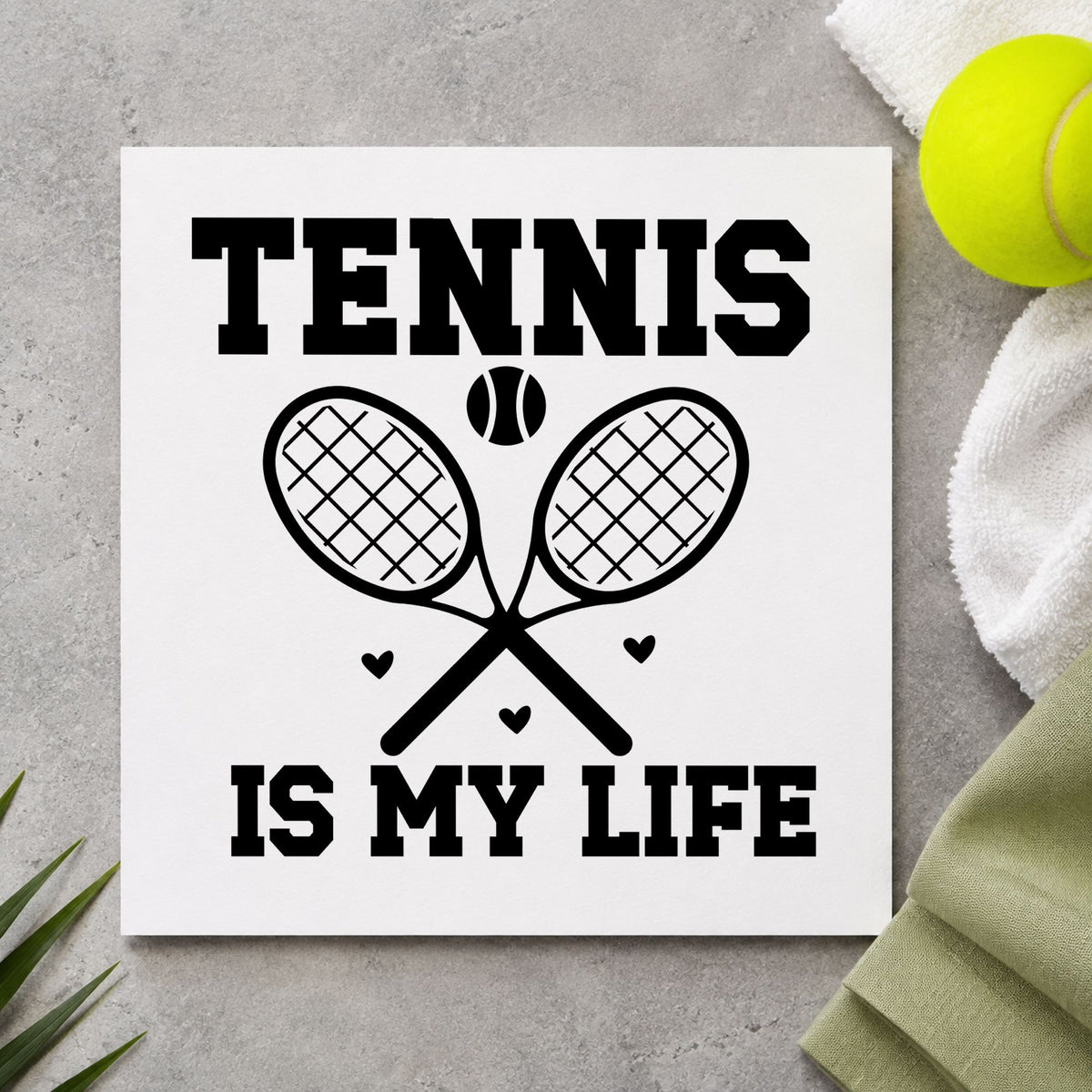 Tennis Is My Life craft stamp in black ink on cardstock, an easy option for varsity album page.