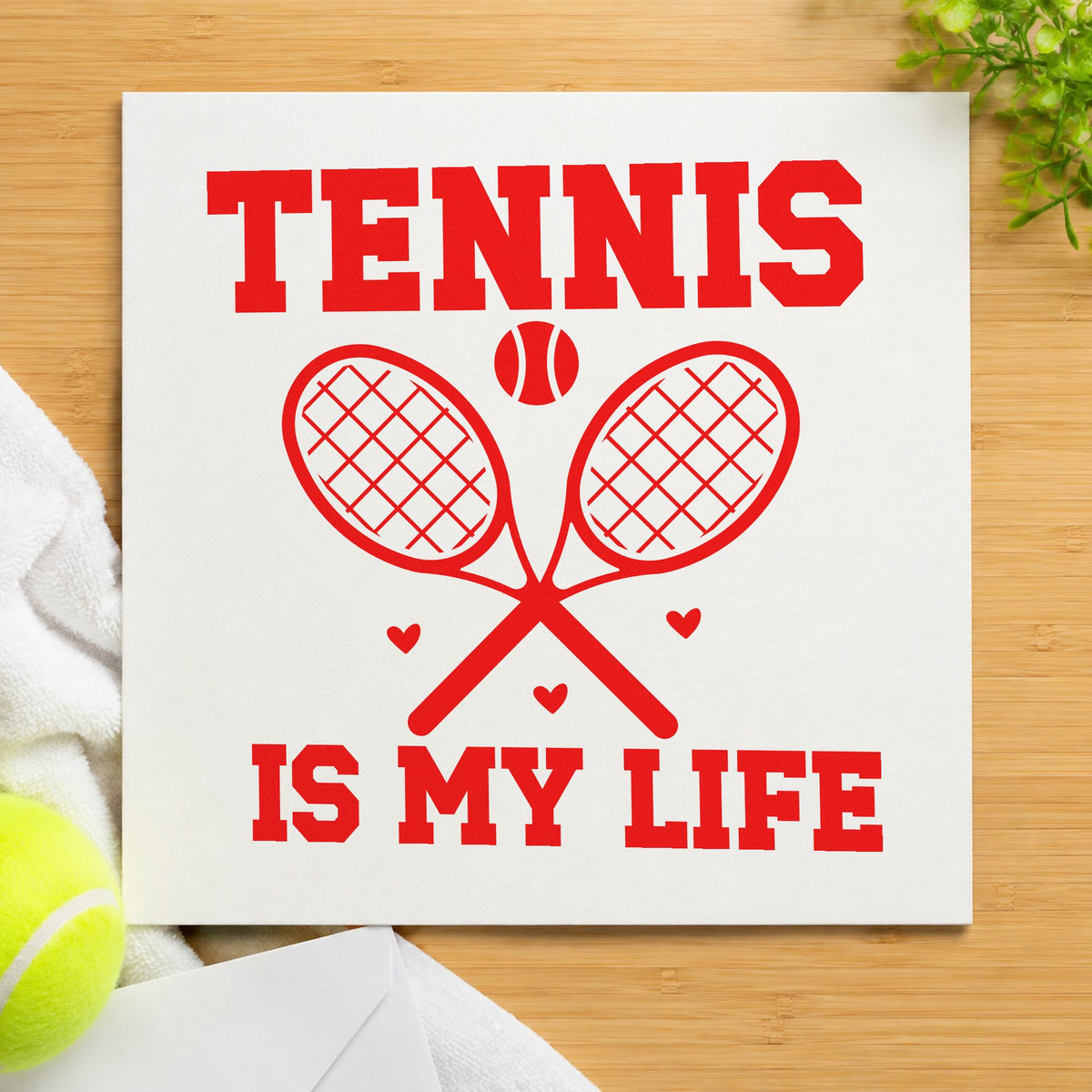 Tennis Is My Life rubber stamp shown in red ink, stamped for projects such as rack racket labels.