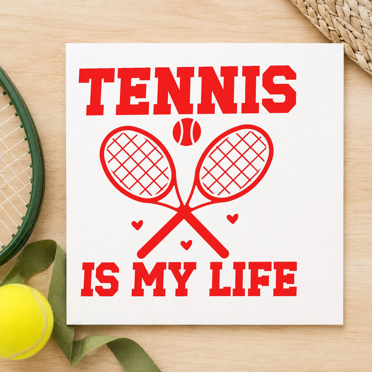Tennis Is My Life craft stamp imprint in red ink on a handmade project, one idea being match plan cards.