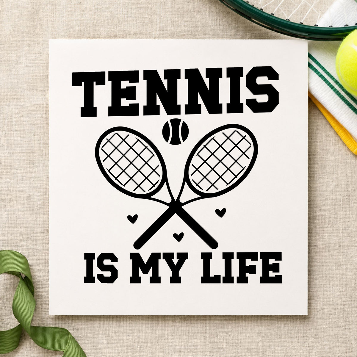 Tennis Is My Life rubber stamp printed in black ink, ready for two heart cards and similar paper crafts.