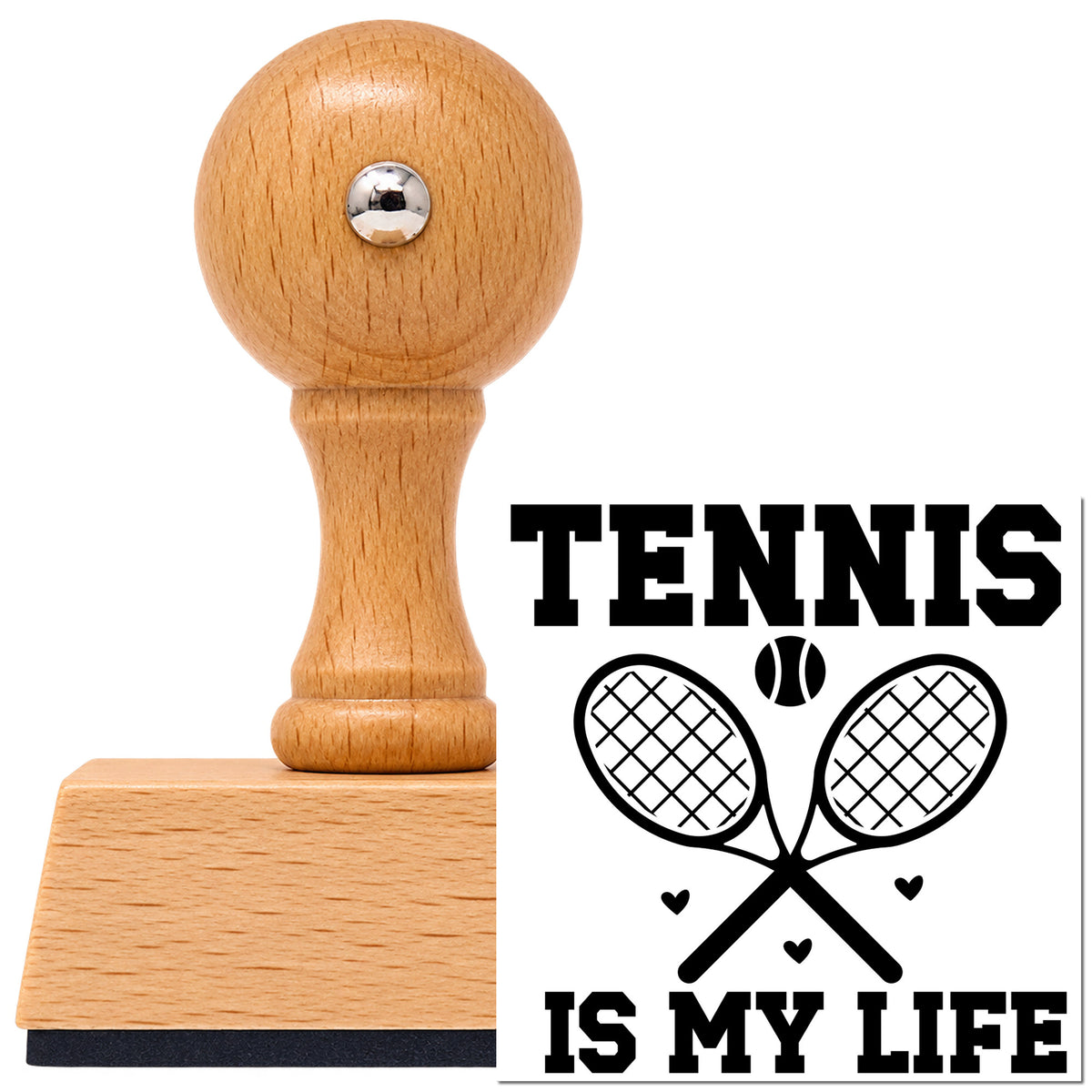 Tennis Is My Life With Hearts Vintage Pro rubber stamp in European beech wood with a round knob handle, shown beside its black imprint.
