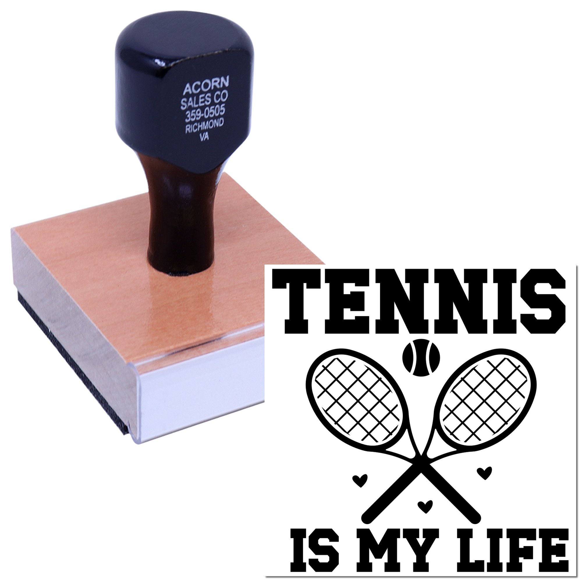 Personalized tennis rubber stamp with crossed rackets and Tennis Is My Life design for custom sports crafts.