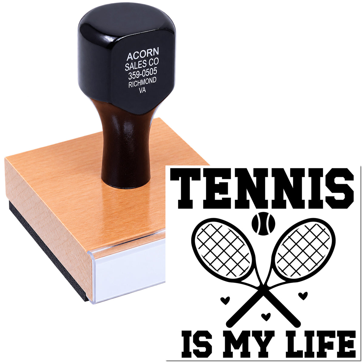 Personalized tennis rubber stamp with crossed rackets and Tennis Is My Life design for custom sports crafts.