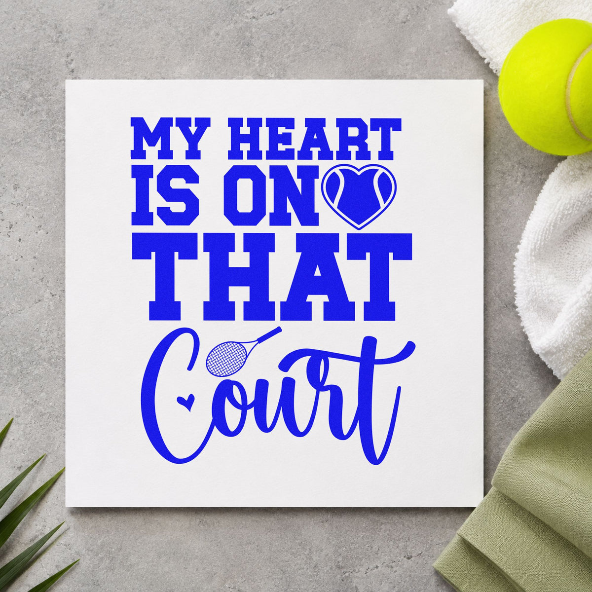 Heart On That Court craft stamp imprinted in blue ink on paper, a design suited to framed kitchen board.