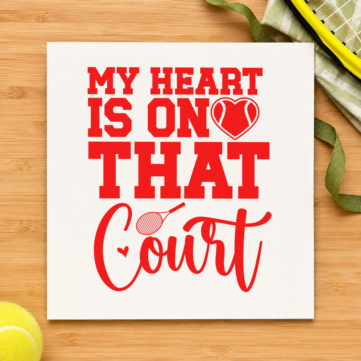 Heart On That Court rubber stamp shown in red ink, stamped for projects such as bin court labels.