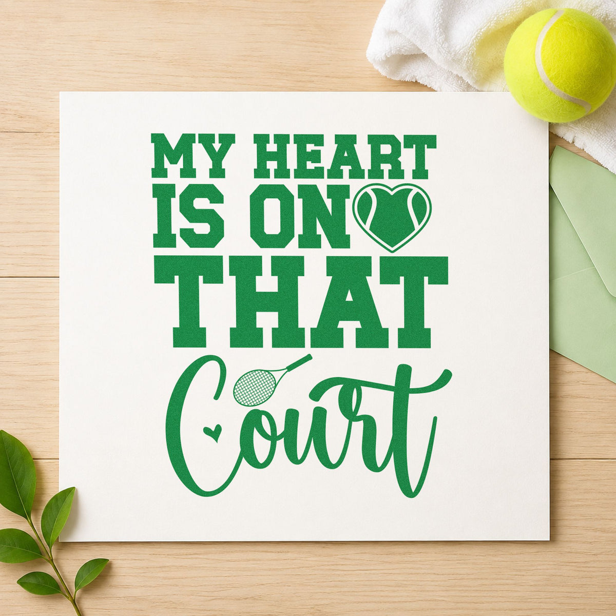 Heart On That Court craft stamp imprint in green ink on a handmade project, one idea being score note cards.