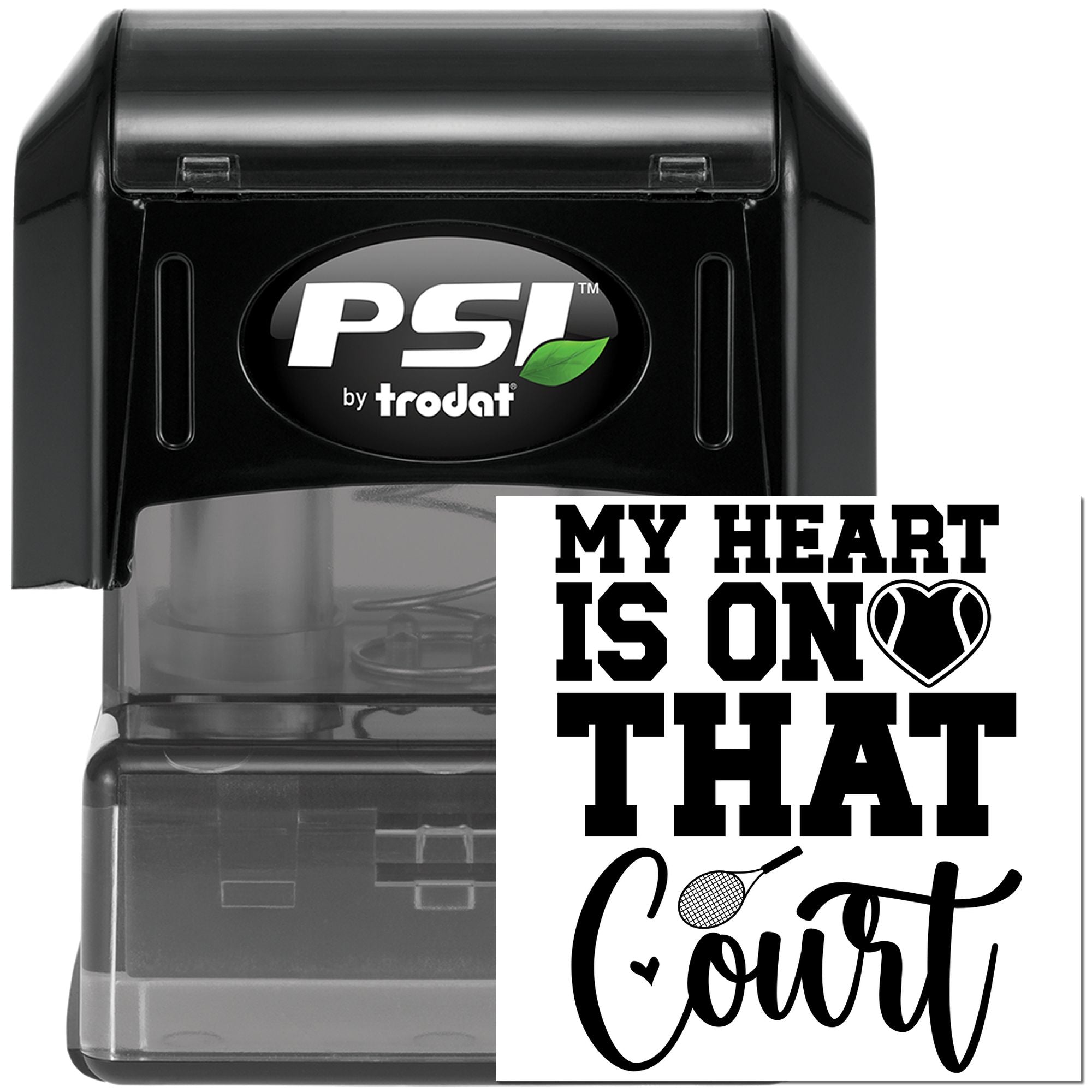 Custom self-inking rubber stamp with My Heart Is On That Court tennis design, ideal for personalized sports stamping.