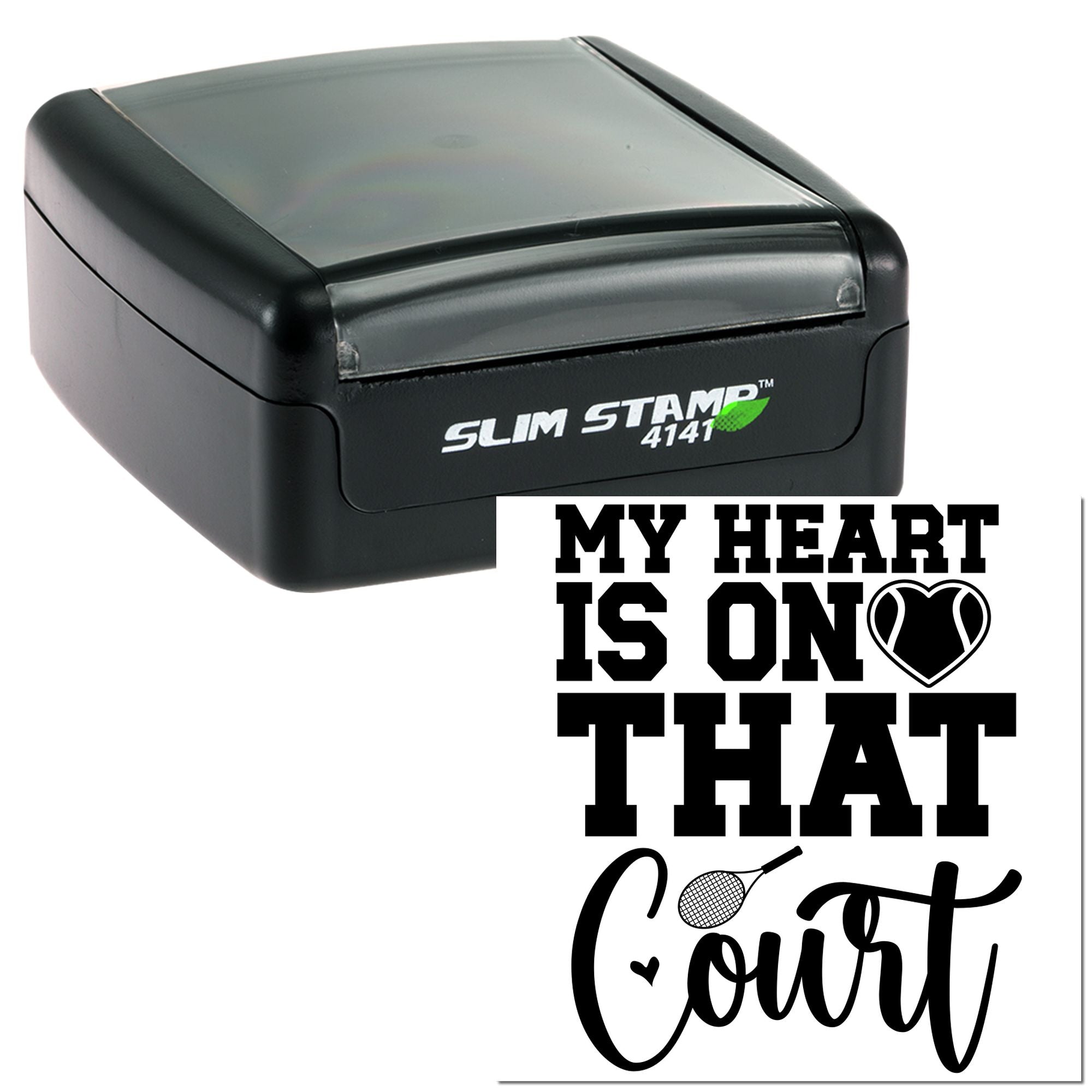 Custom tennis rubber stamp with My Heart Is on That Court design for players, coaches, and tennis fans.