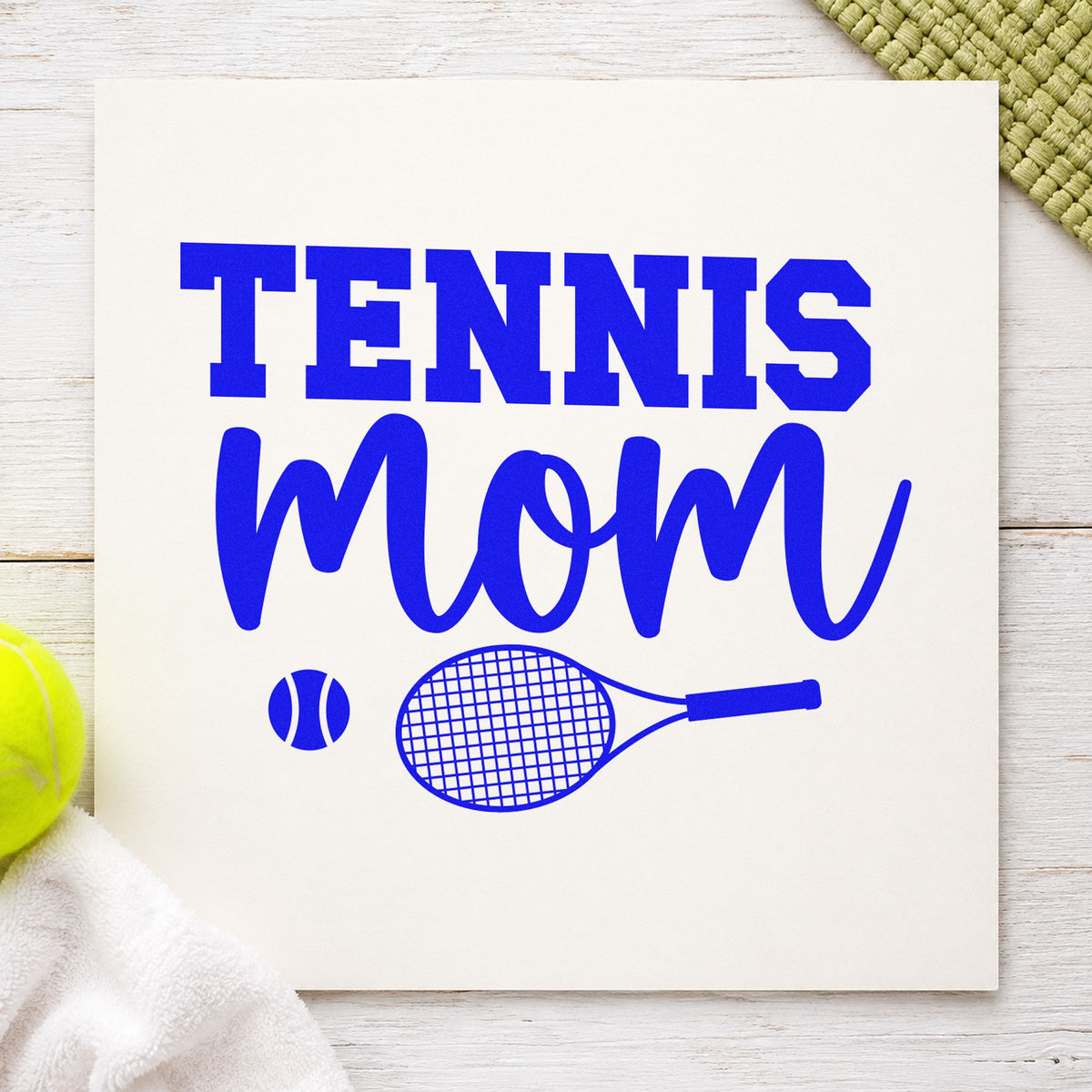 Tennis Mom Racket Ball craft stamp in blue ink on cardstock, an easy option for table cloth printing.