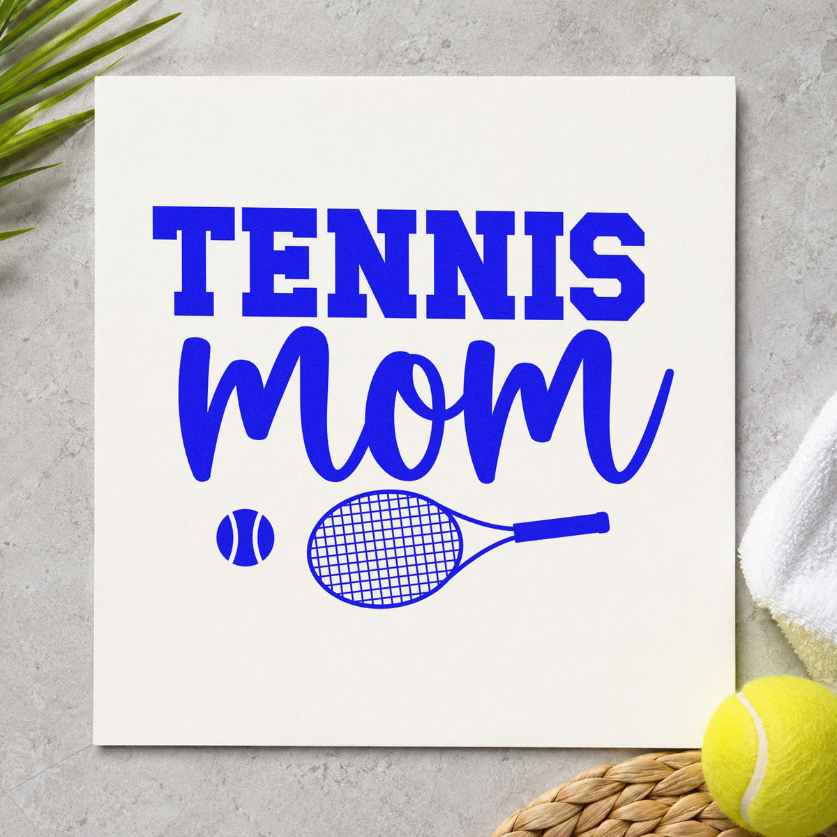 Tennis Mom Racket Ball craft stamp imprinted in blue ink on paper, a design suited to framed event tent.