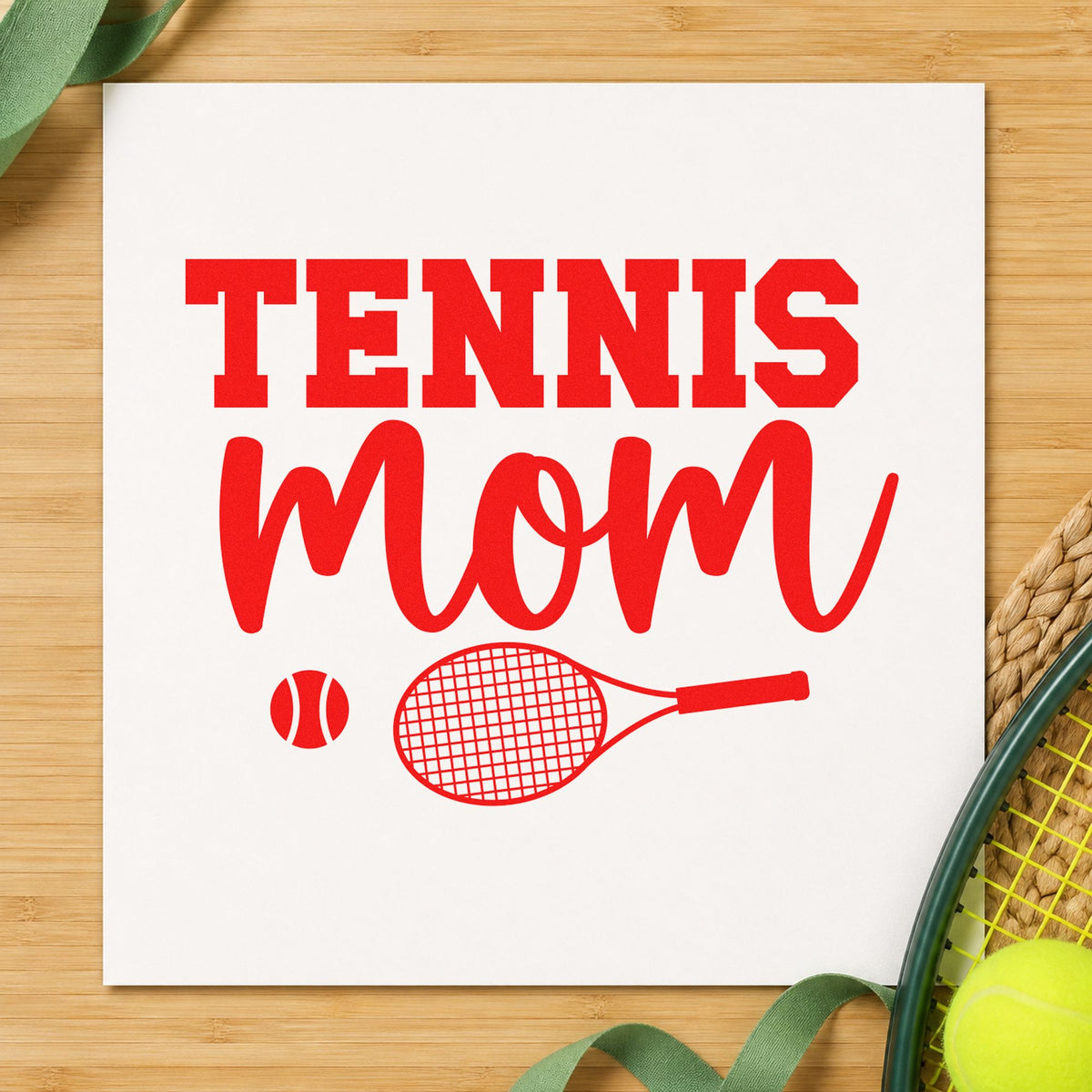 Tennis Mom Racket Ball rubber stamp shown in red ink, stamped for projects such as bin supply labels.