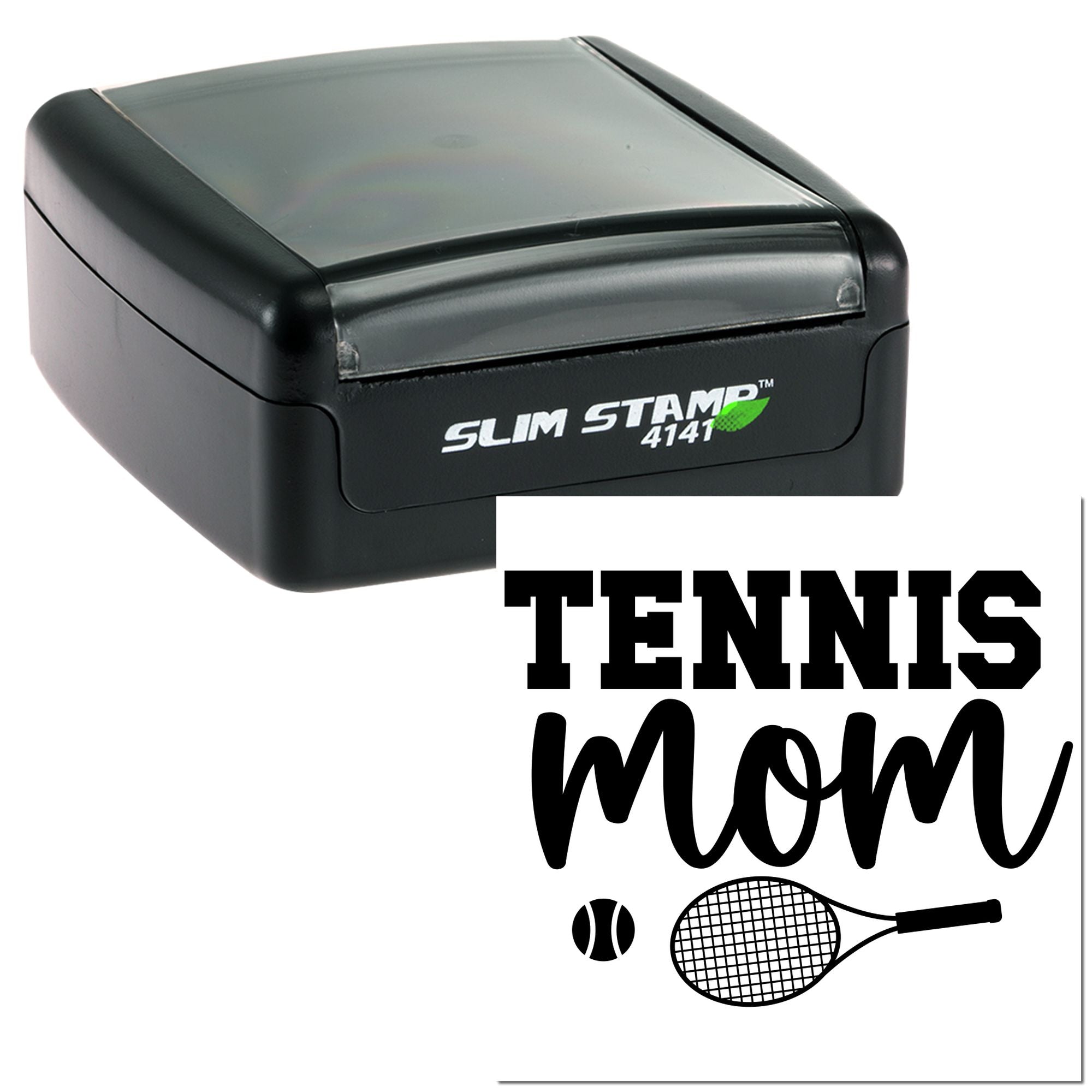 Custom Tennis Mom self-inking rubber stamp with tennis ball and racquet design for personalized stationery and gifts