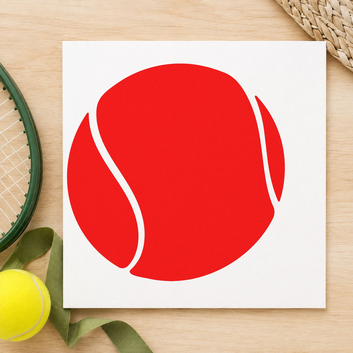 Large Solid Tennis Ball craft stamp imprint in red ink on a handmade project, one idea being drill setting cards.