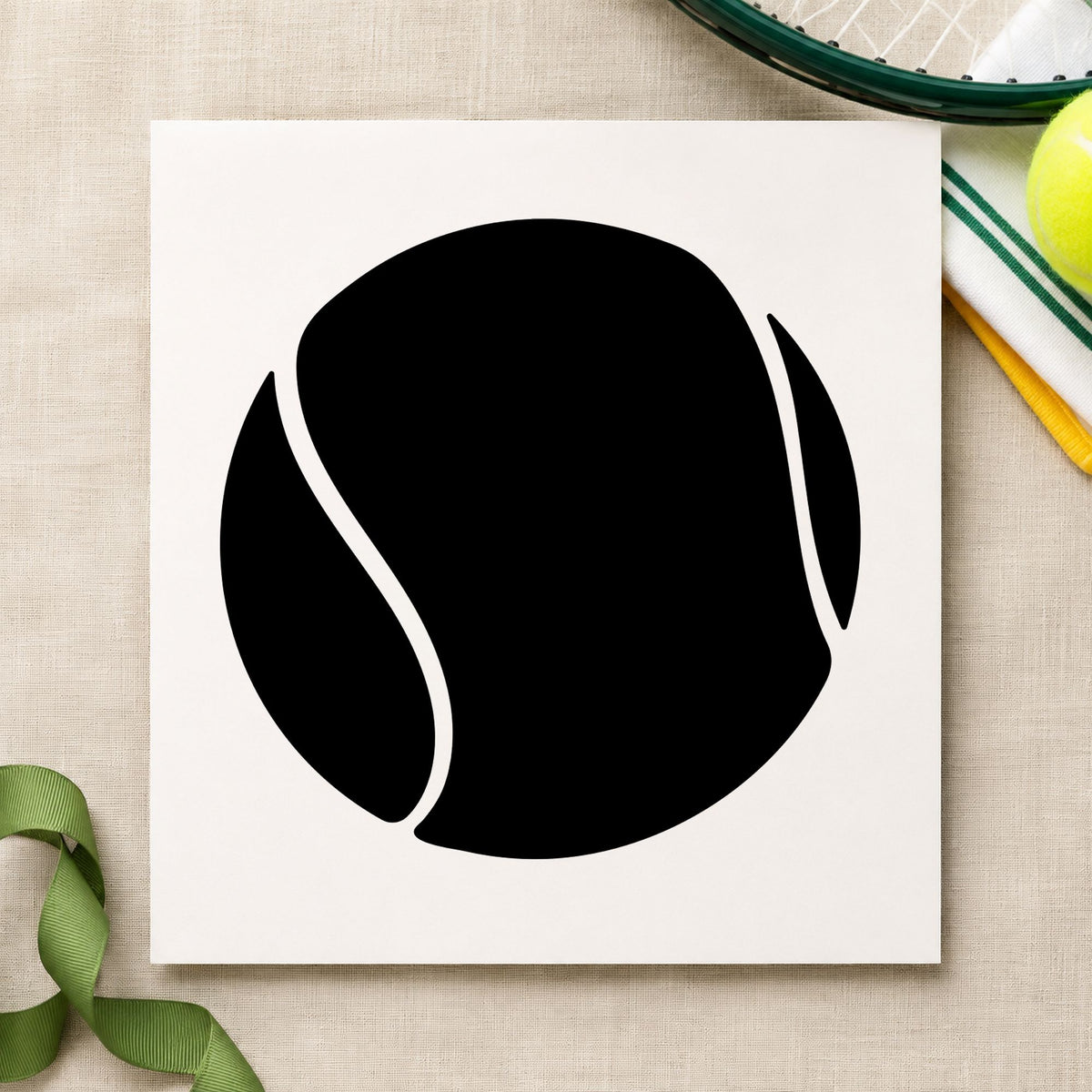 Large Solid Tennis Ball rubber stamp printed in black ink, ready for curved seam cards and similar paper crafts.