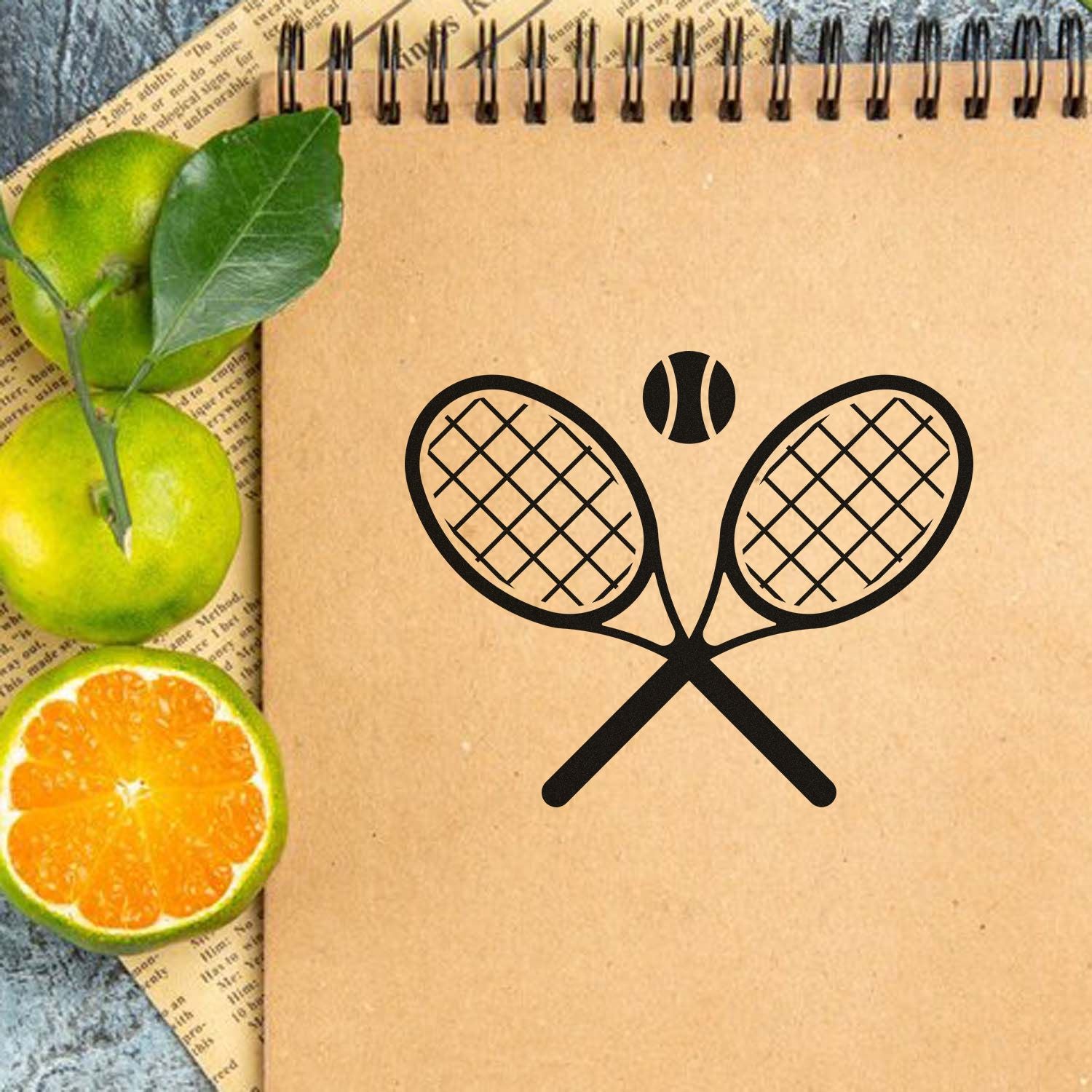 Tennis rubber stamp with crossed rackets and ball, ideal for sports-themed crafting, journaling, and scrapbooking.