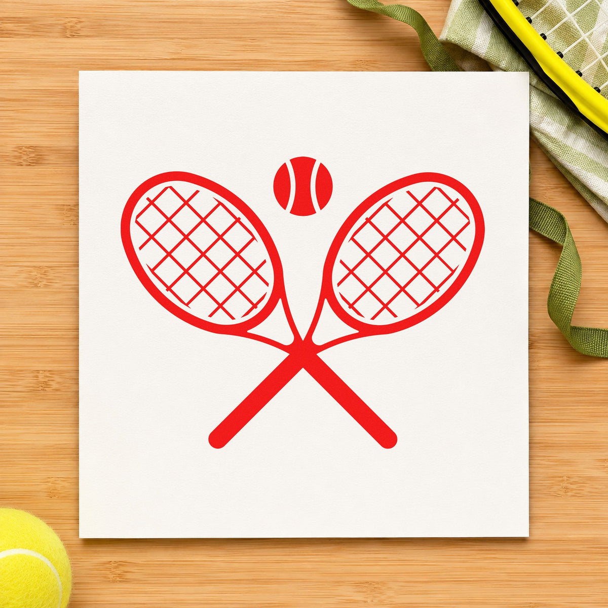 Crossed Tennis Rackets Ball rubber stamp shown in red ink, stamped for projects such as locker name labels.
