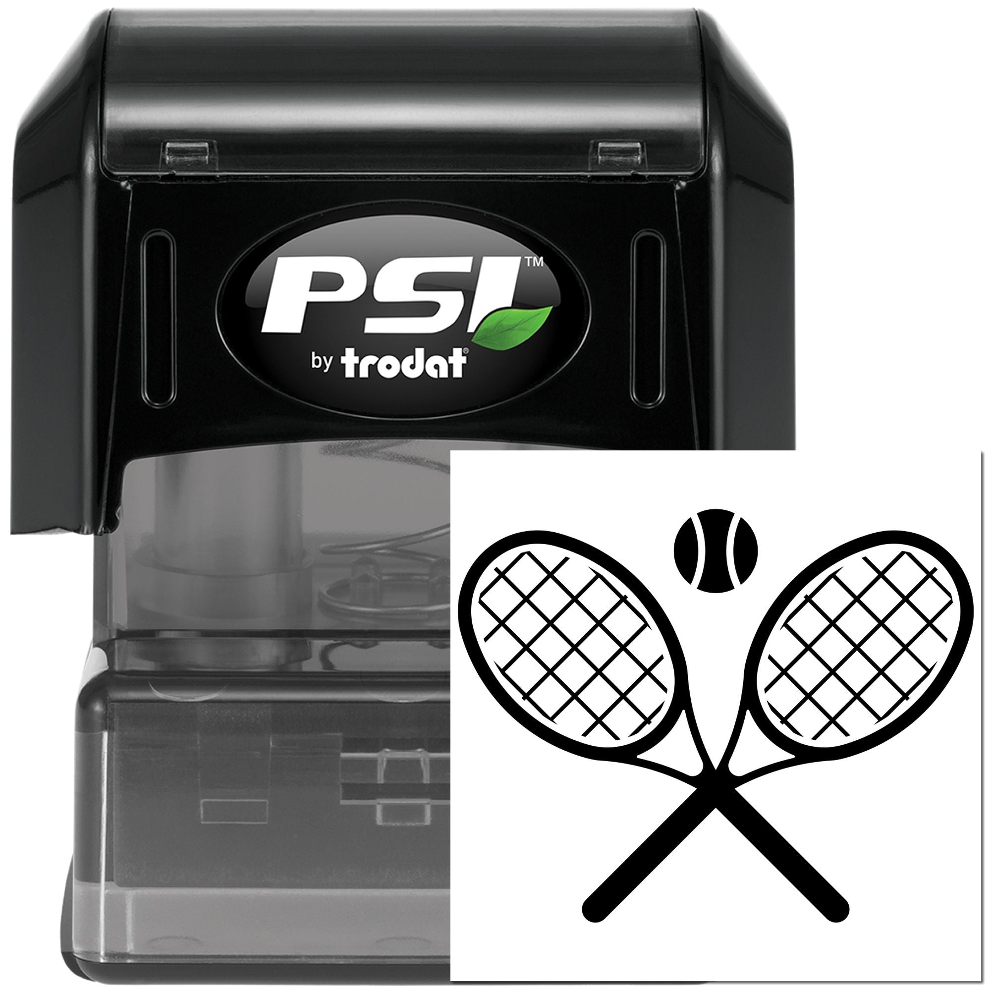 PSI by Trodat self-inking rubber stamp with tennis racket and ball design for sports club or event marking