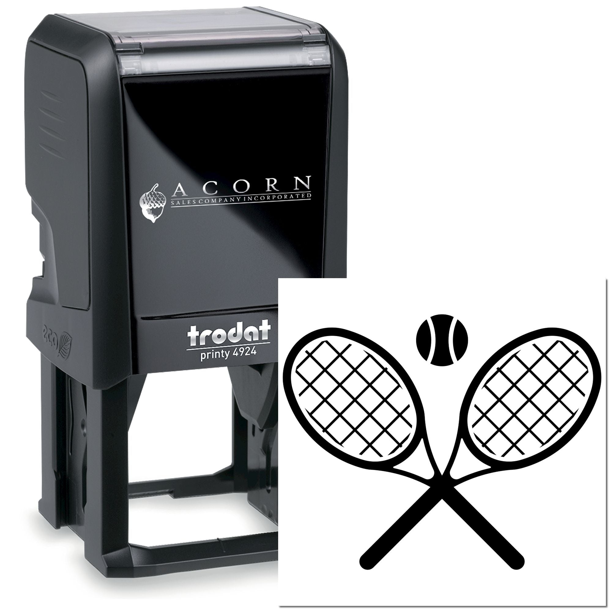 Custom self-inking tennis rubber stamp with crossed rackets and ball, Trodat Printy 4924 for sports club branding.