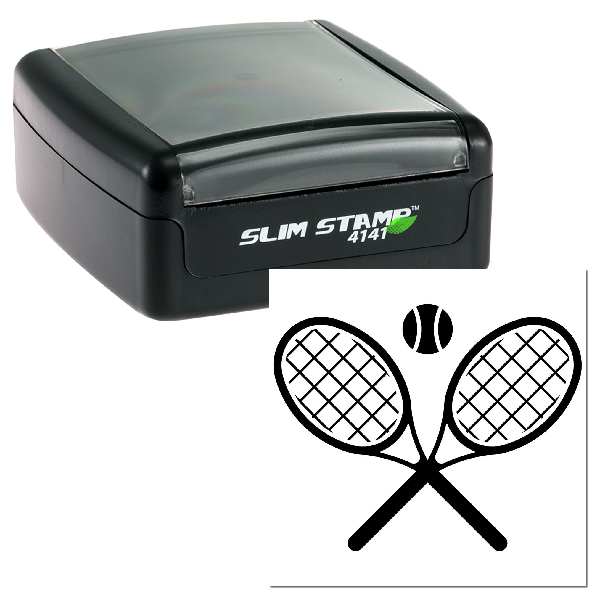 Slim Stamp 4141 self-inking rubber stamp with crossed tennis rackets and ball logo for tennis clubs.