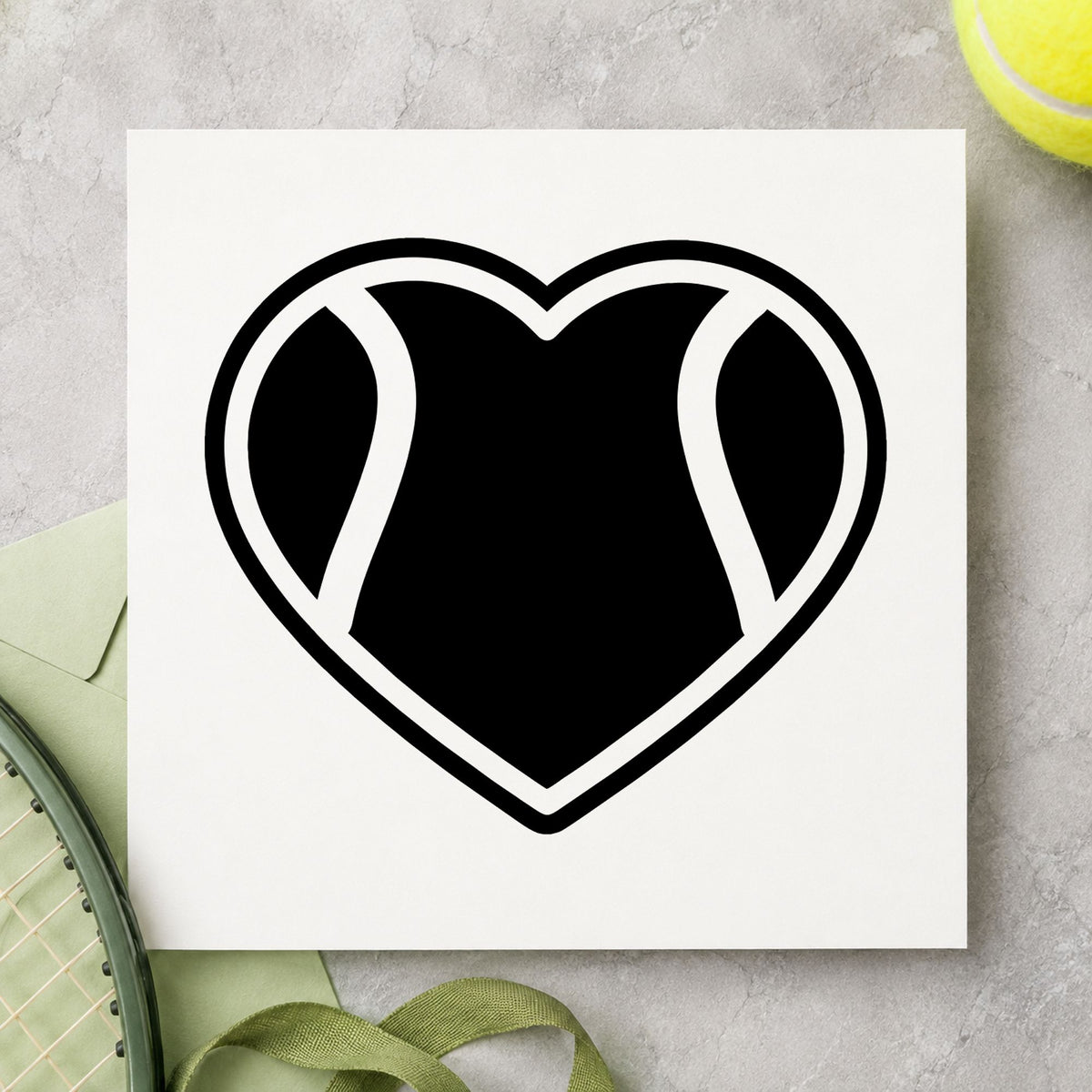 Tennis Ball Heart Outline craft stamp in black ink on cardstock, an easy option for charity day album page.