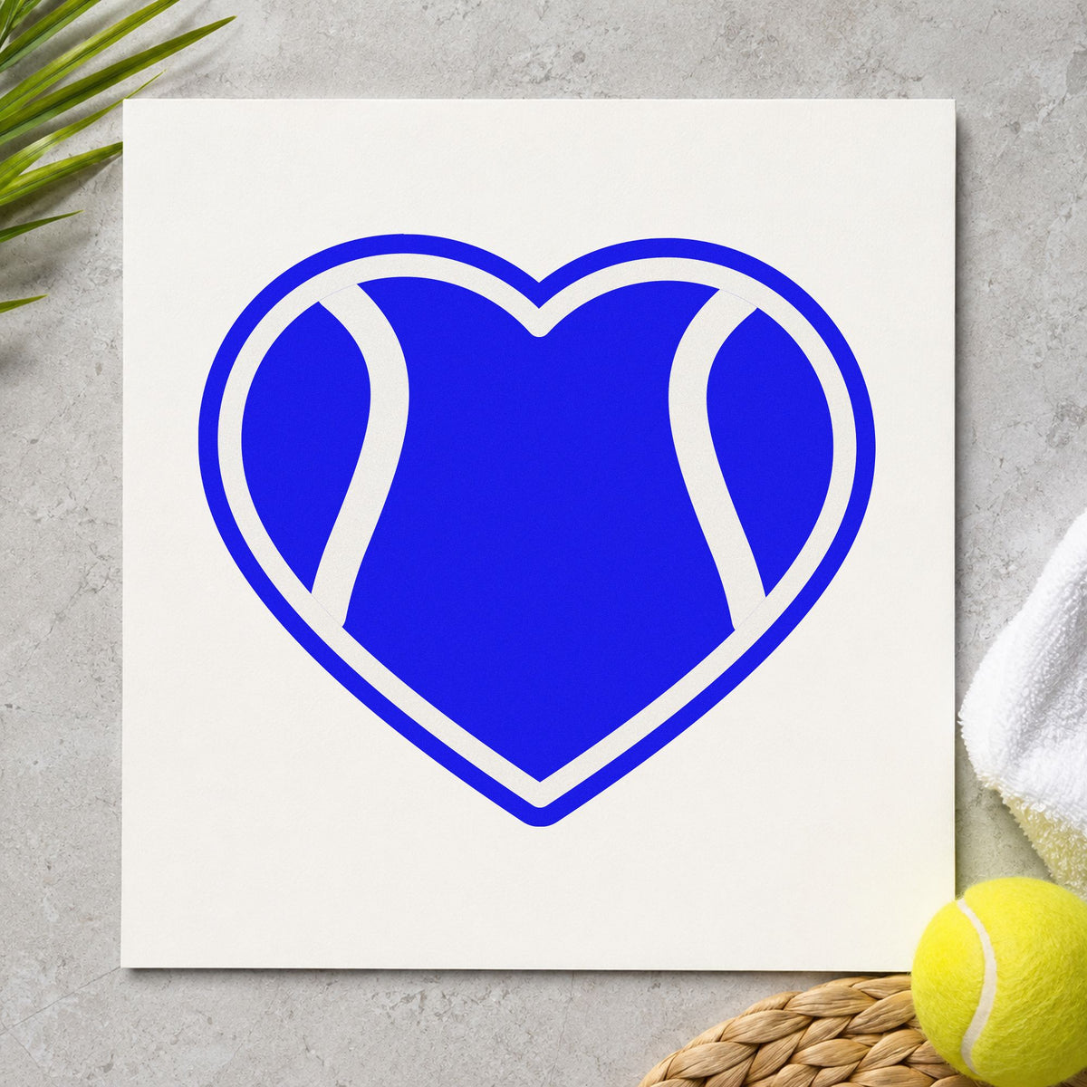 Tennis Ball Heart Outline craft stamp imprinted in blue ink on paper, a design suited to framed entry tent.