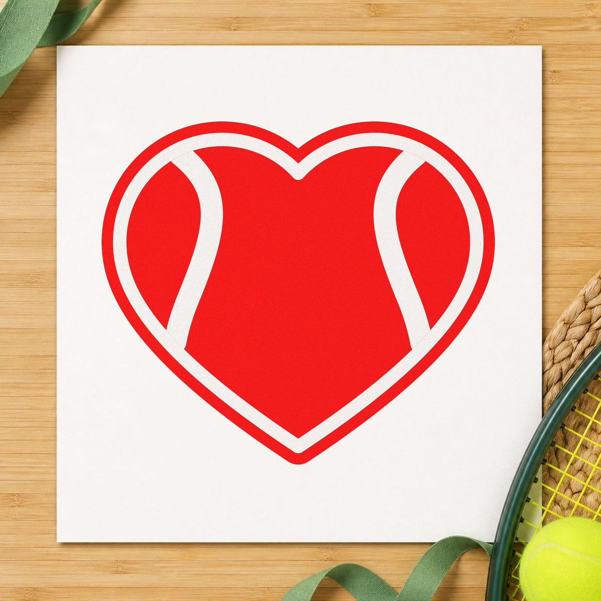 Tennis Ball Heart Outline rubber stamp shown in red ink, stamped for projects such as bin prize labels.