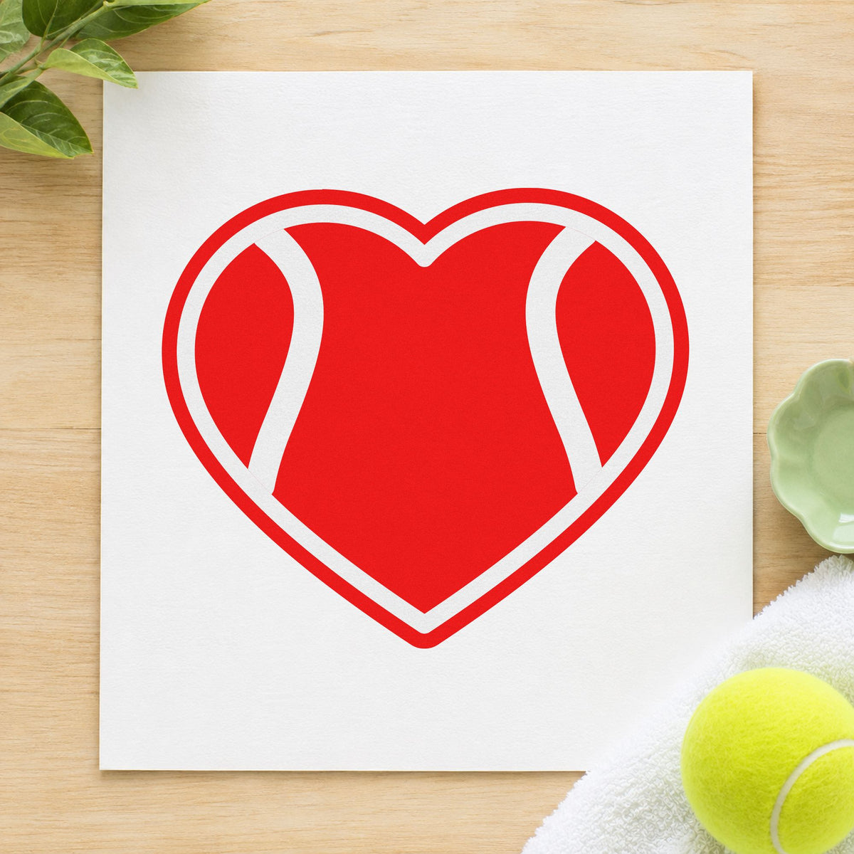 Tennis Ball Heart Outline craft stamp imprint in red ink on a handmade project, one idea being raffle ticket cards.