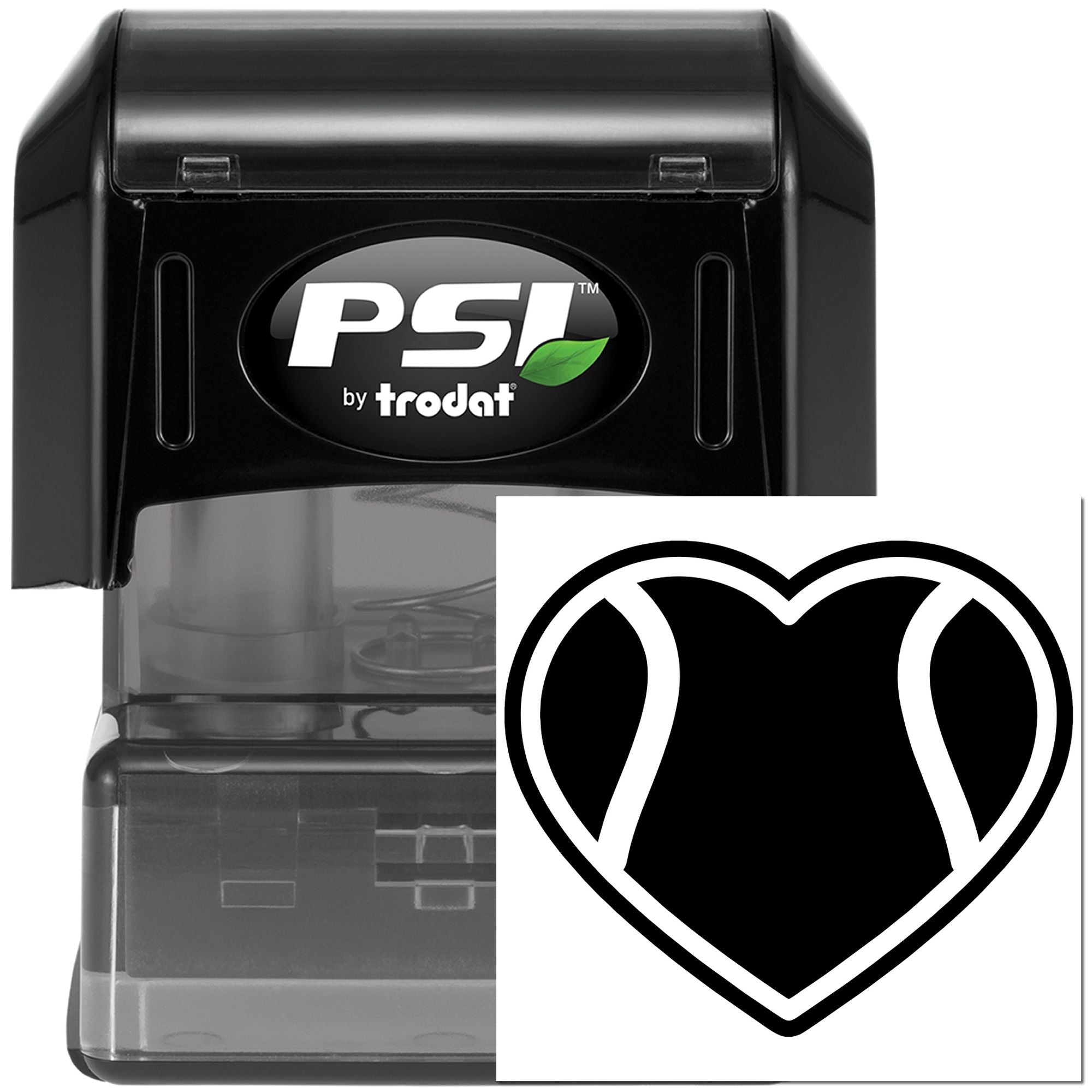 PSI by Trodat self-inking rubber stamp with custom heart logo, ideal for personalized business branding and crafts.