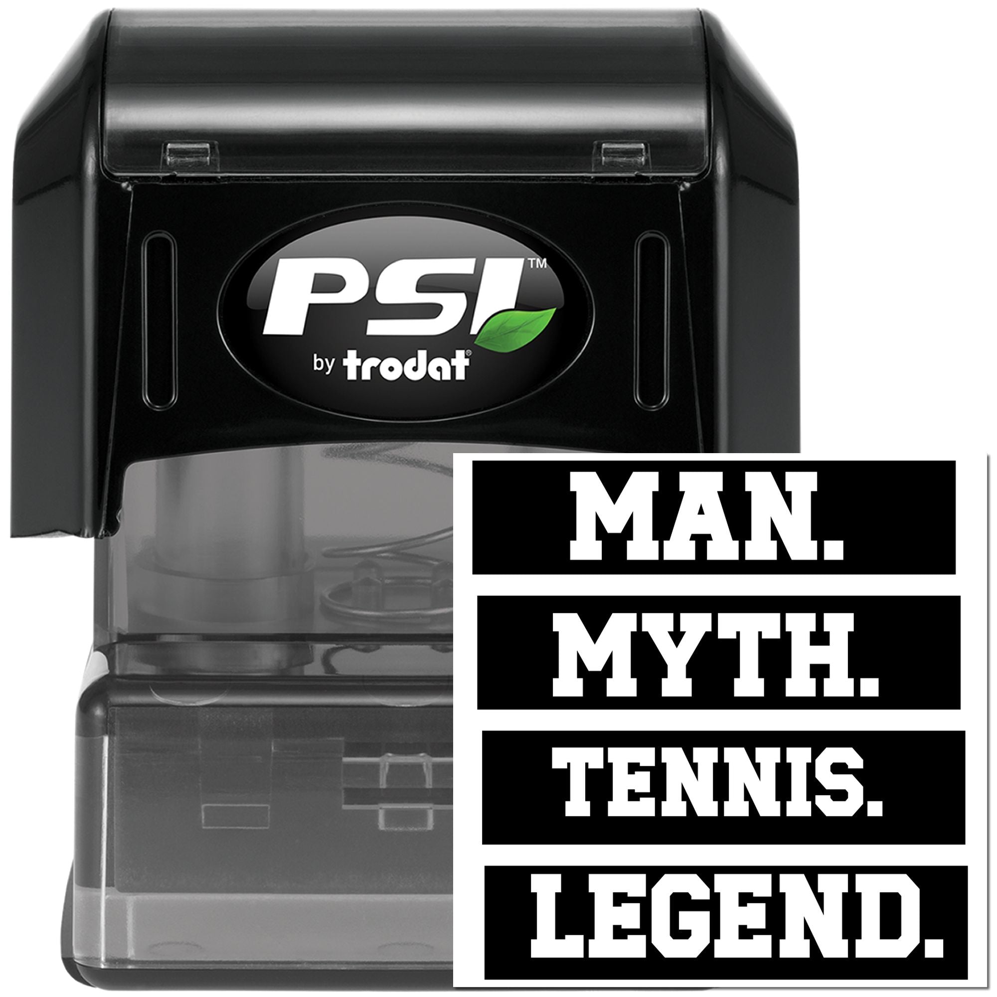 PSI by Trodat self-inking rubber stamp set with Man, Myth, Tennis, Legend text for tennis gifts