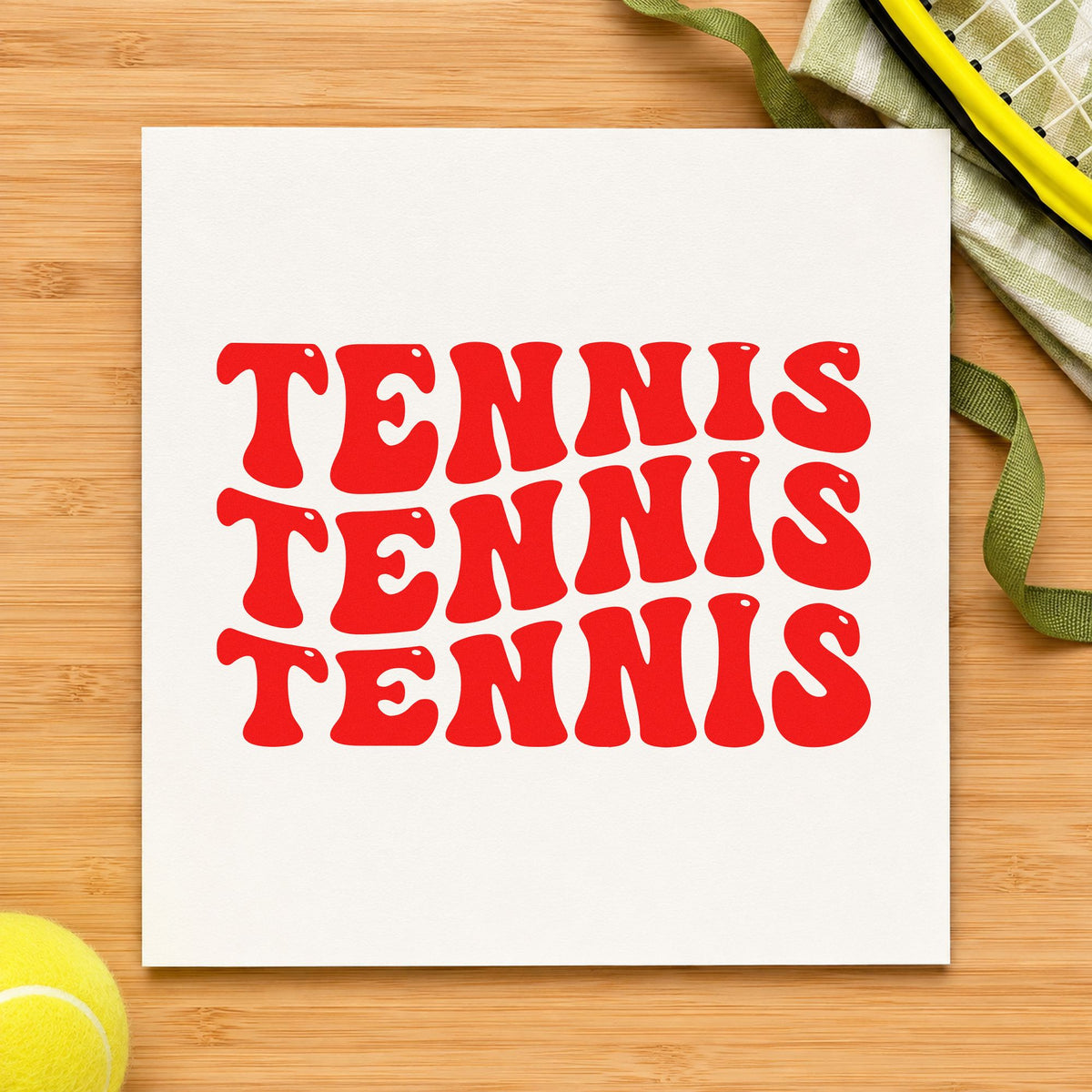 Repeated Wavy Tennis Lettering rubber stamp shown in red ink, stamped for projects such as rack grip labels.