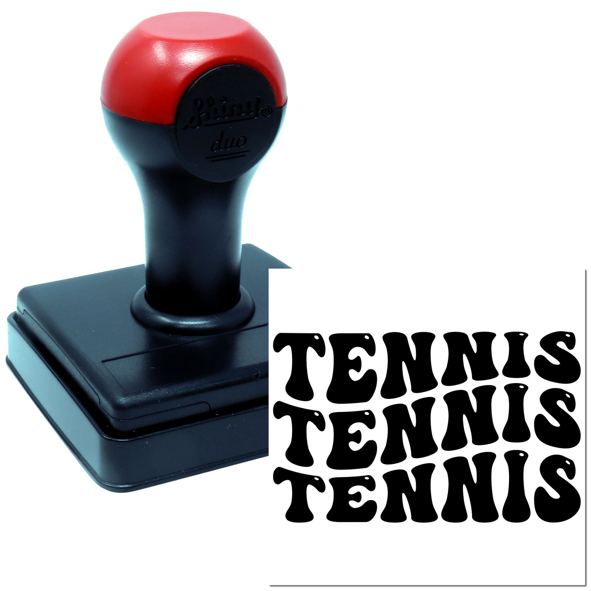 Self-inking tennis rubber stamp with bold retro TENNIS imprint for sports clubs, coaches, and event labeling.