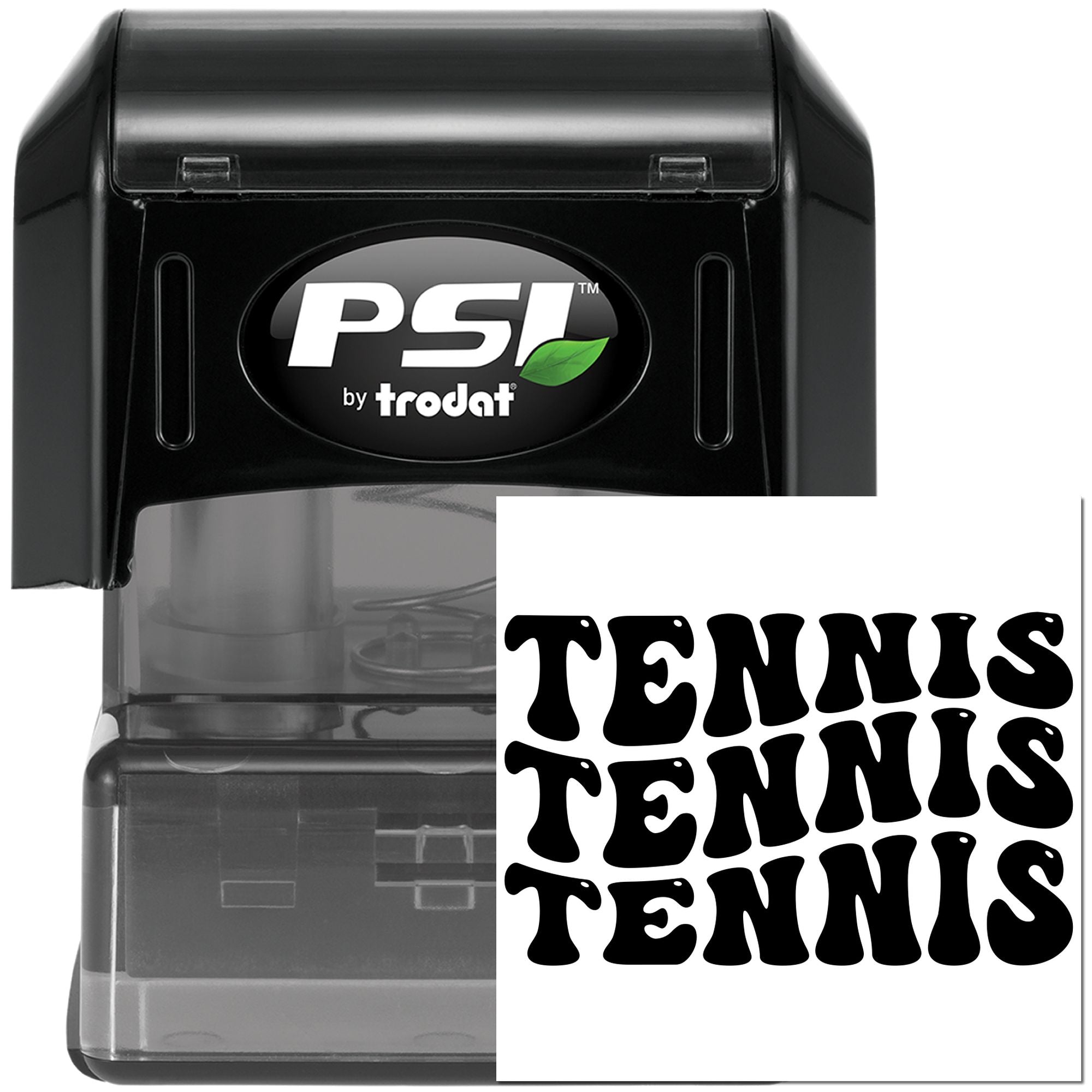PSI by Trodat self-inking tennis rubber stamp with bold custom TENNIS imprint for sports labels and event use