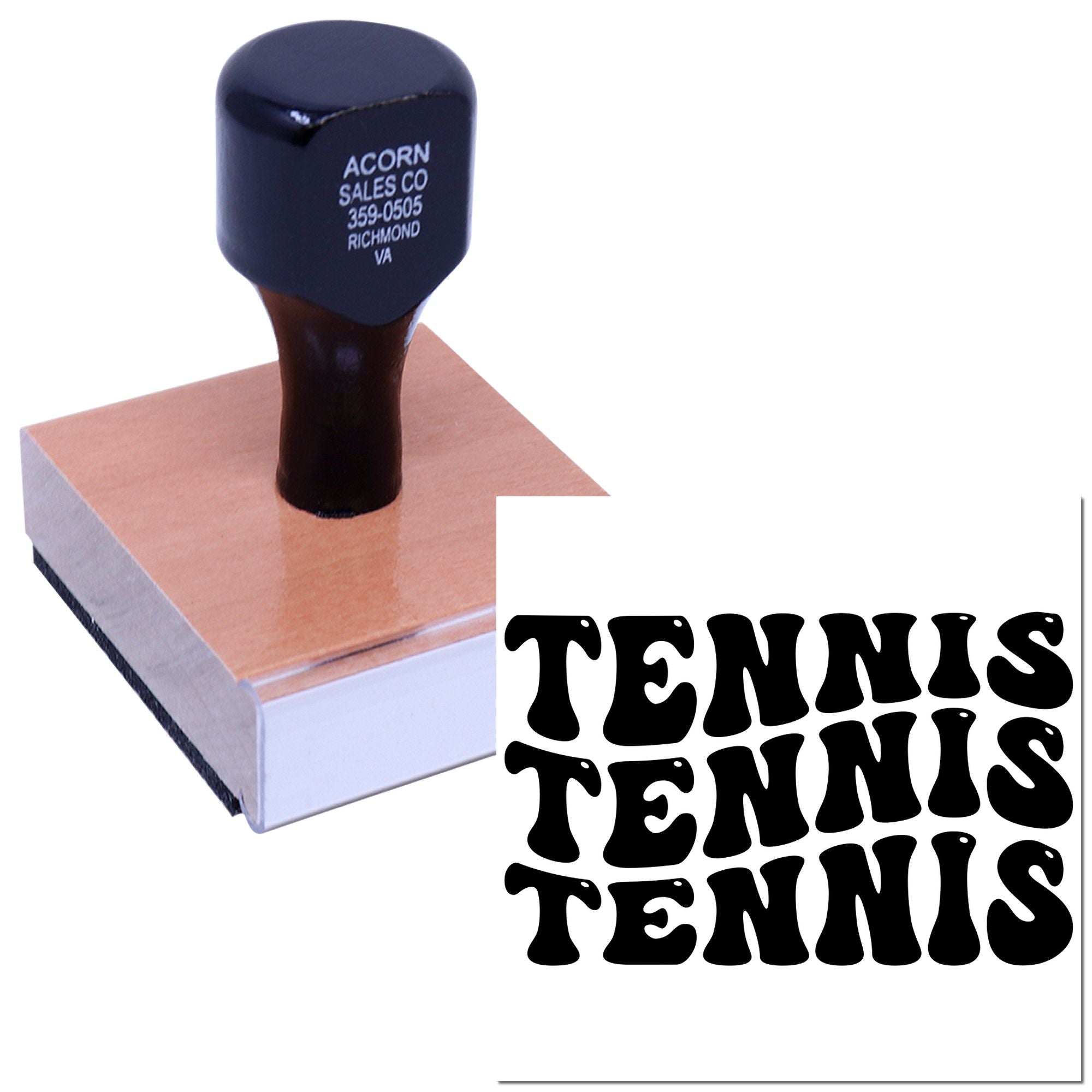 Custom tennis rubber stamp with wood handle, showing bold TENNIS imprint for sports-themed marking