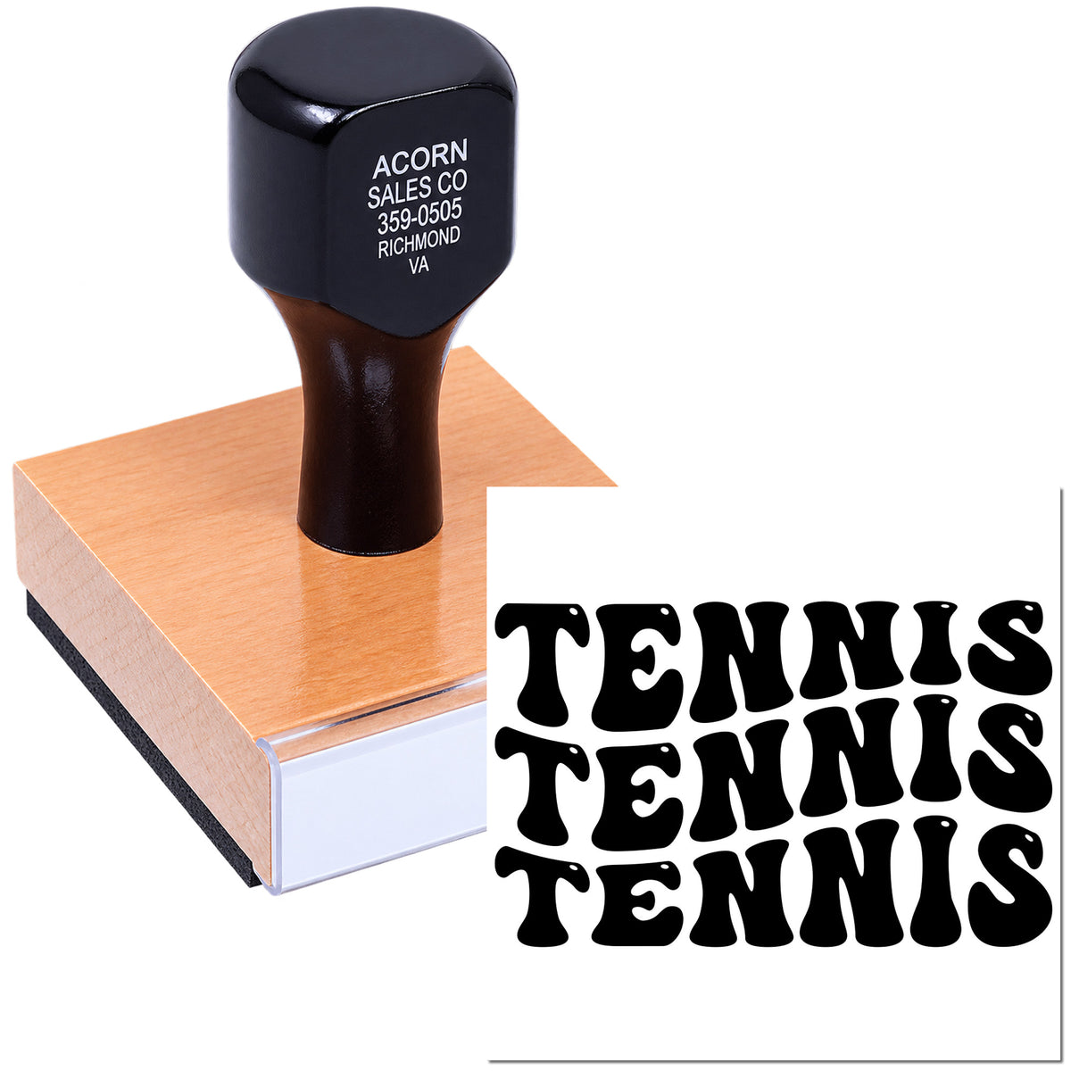 Custom tennis rubber stamp with wood handle, showing bold TENNIS imprint for sports-themed marking