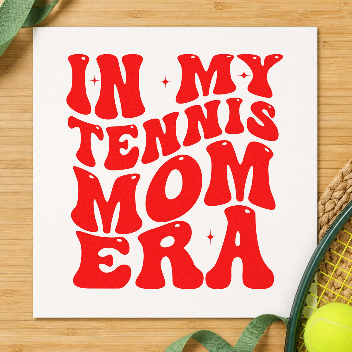 Tennis Mom Era Lettering rubber stamp shown in red ink, stamped for projects such as bin fan labels.