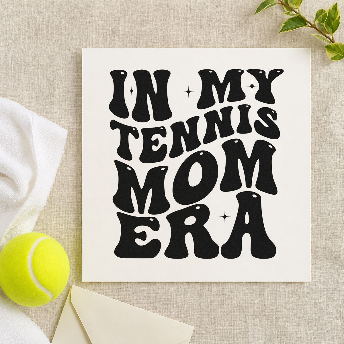 Tennis Mom Era Lettering rubber stamp printed in black ink, ready for chunky sparkle cards and similar paper crafts.