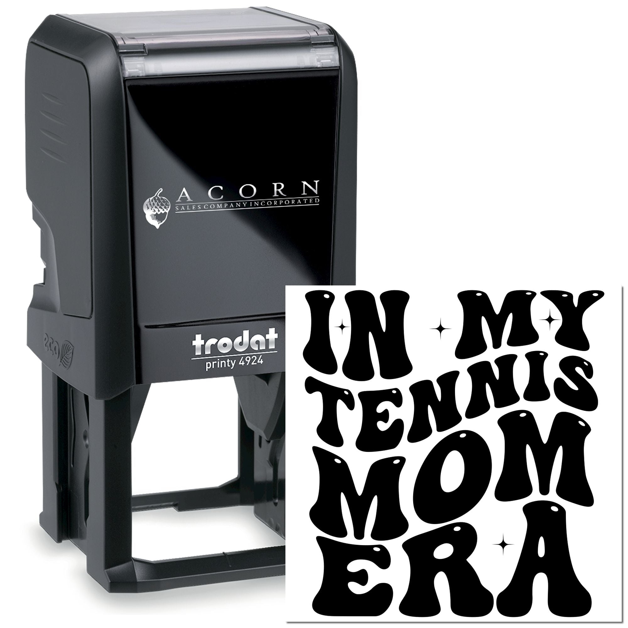 Custom self-inking rubber stamp with In My Tennis Mom Era design, Trodat Printy 4924, ideal for personalized craft stamping.