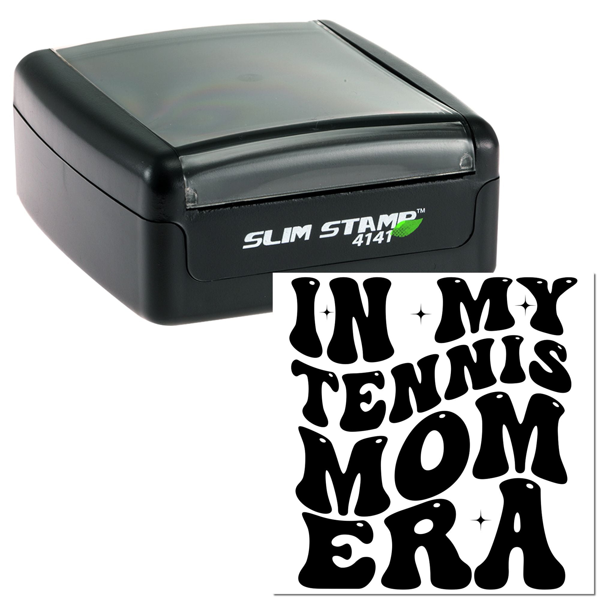 Self-inking custom rubber stamp with In My Tennis Mom Era text for personalized crafts, cards, and stationery.