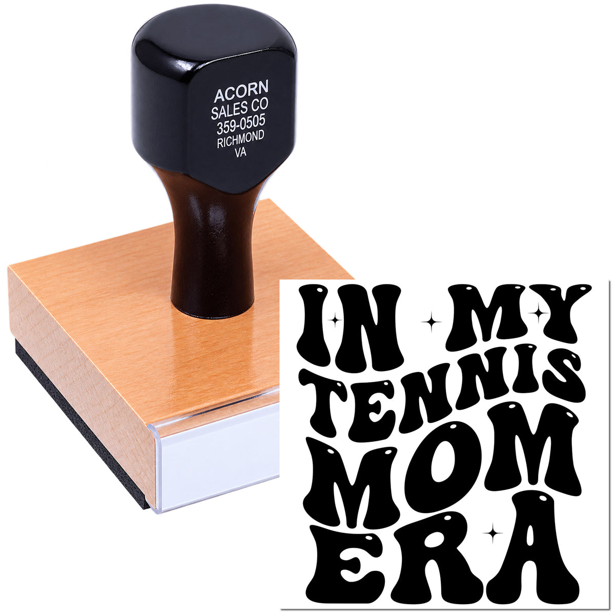 Custom rubber stamp with In My Tennis Mom Era design for tennis crafts, scrapbooking, and personalized gifts.