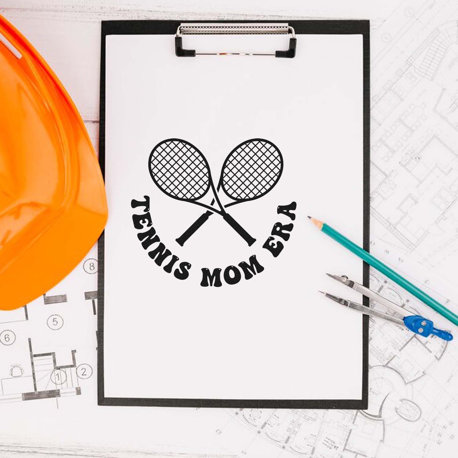 Tennis Mom Era rubber stamp design for sports-themed crafting, DIY projects, and custom stationery on a clipboard mockup.