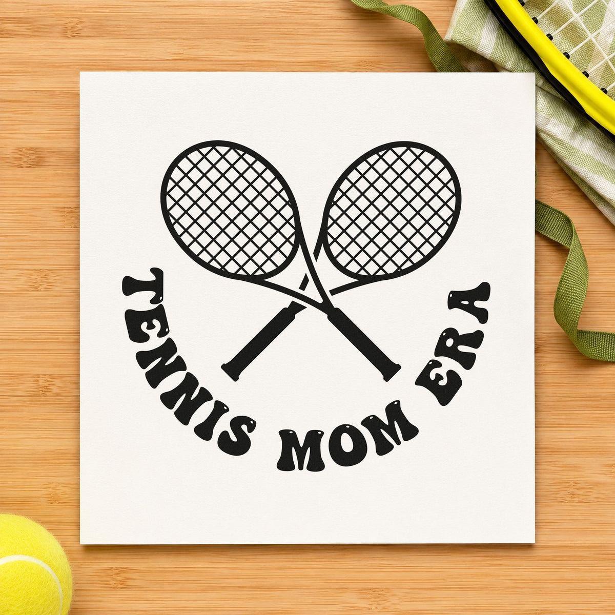 Tennis Mom Era Rackets craft stamp imprint in black ink on a handmade project, one idea being print pack gift tags.
